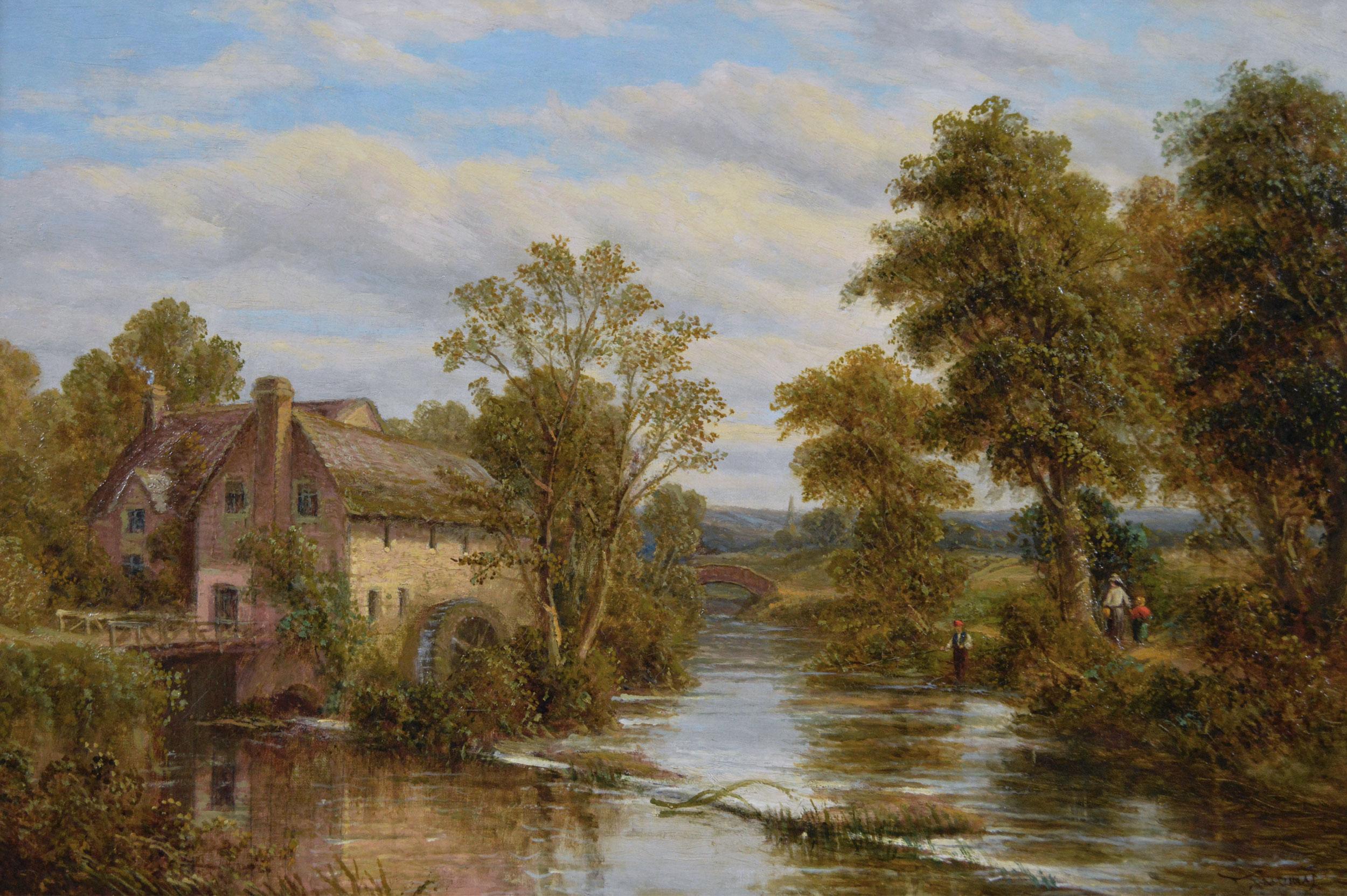 19th Century landscape oil painting of figures fishing near a watermill - Painting by Thomas Thomas