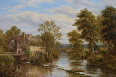 19th Century landscape oil painting of figures fishing near a watermill