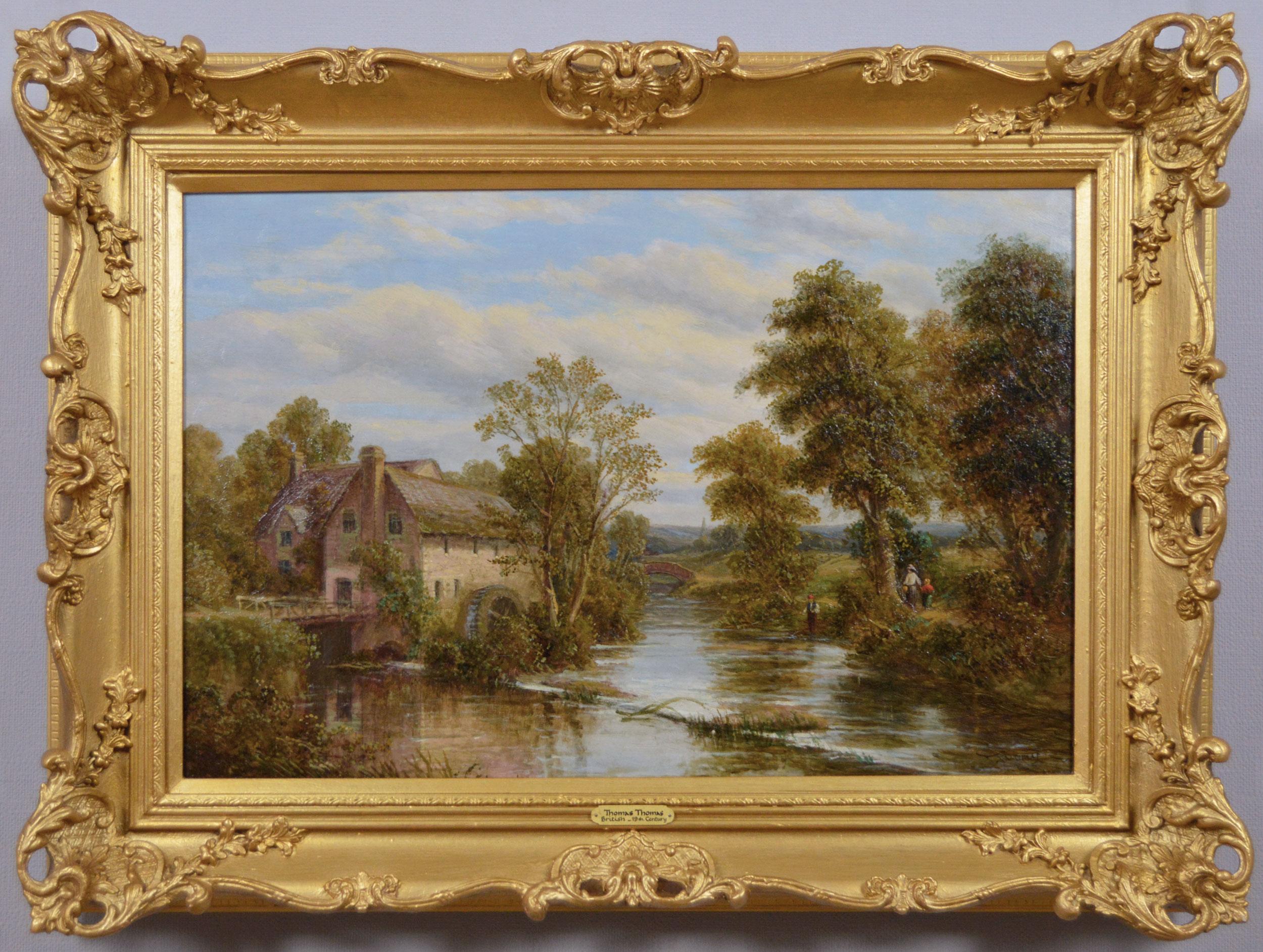 Thomas Thomas Landscape Painting - 19th Century landscape oil painting of figures fishing near a watermill