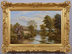 19th Century landscape oil painting of figures fishing near a watermill