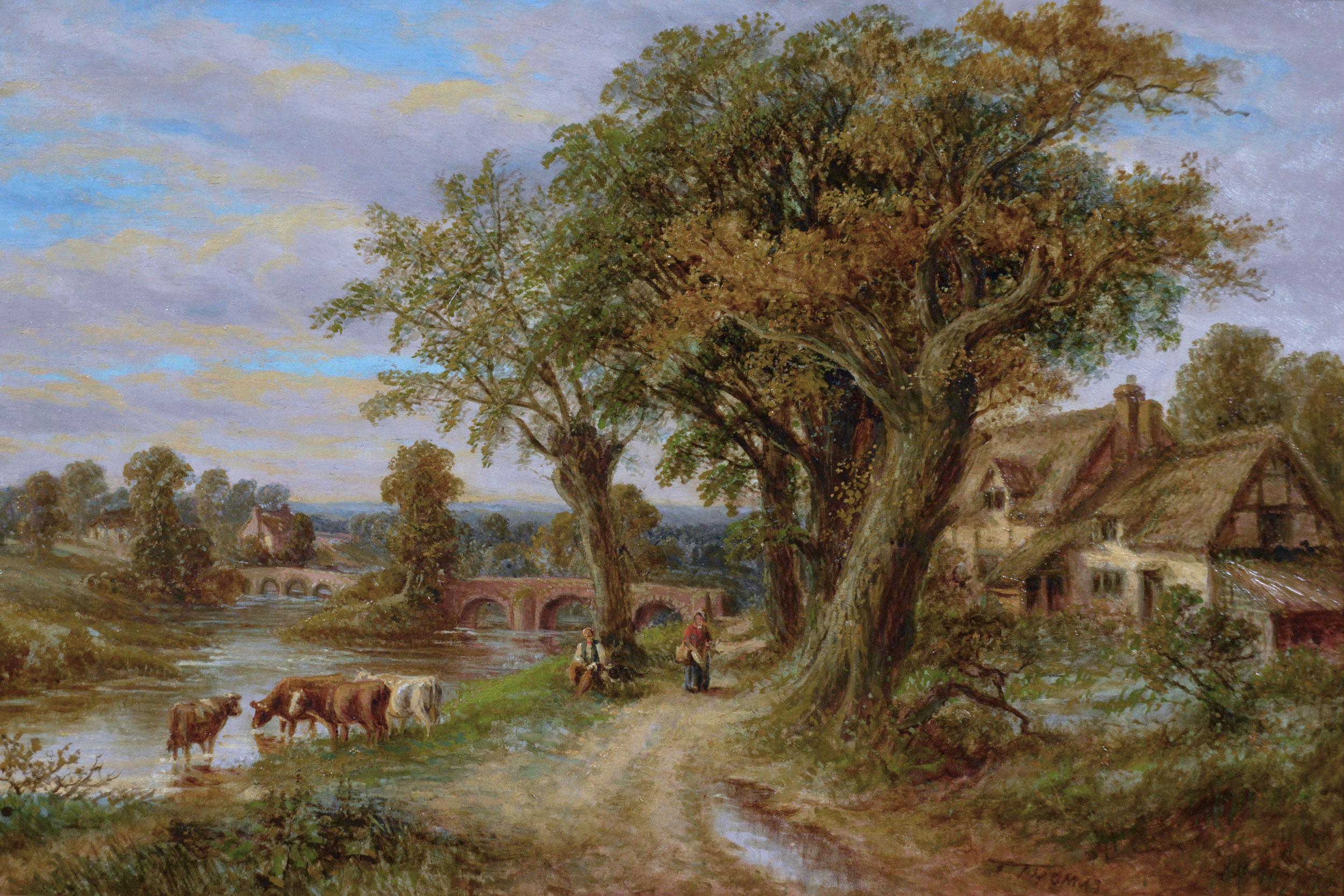 Peinture à l'huile de paysage du 19e siècle représentant des personnages avec du bétail près d'une rivière de campagne - Painting de Thomas Thomas
