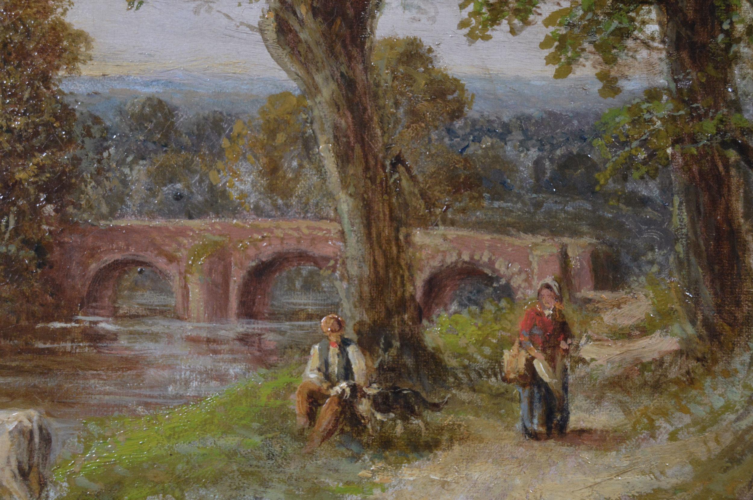 Peinture à l'huile de paysage du 19e siècle représentant des personnages avec du bétail près d'une rivière de campagne - Marron Landscape Painting par Thomas Thomas
