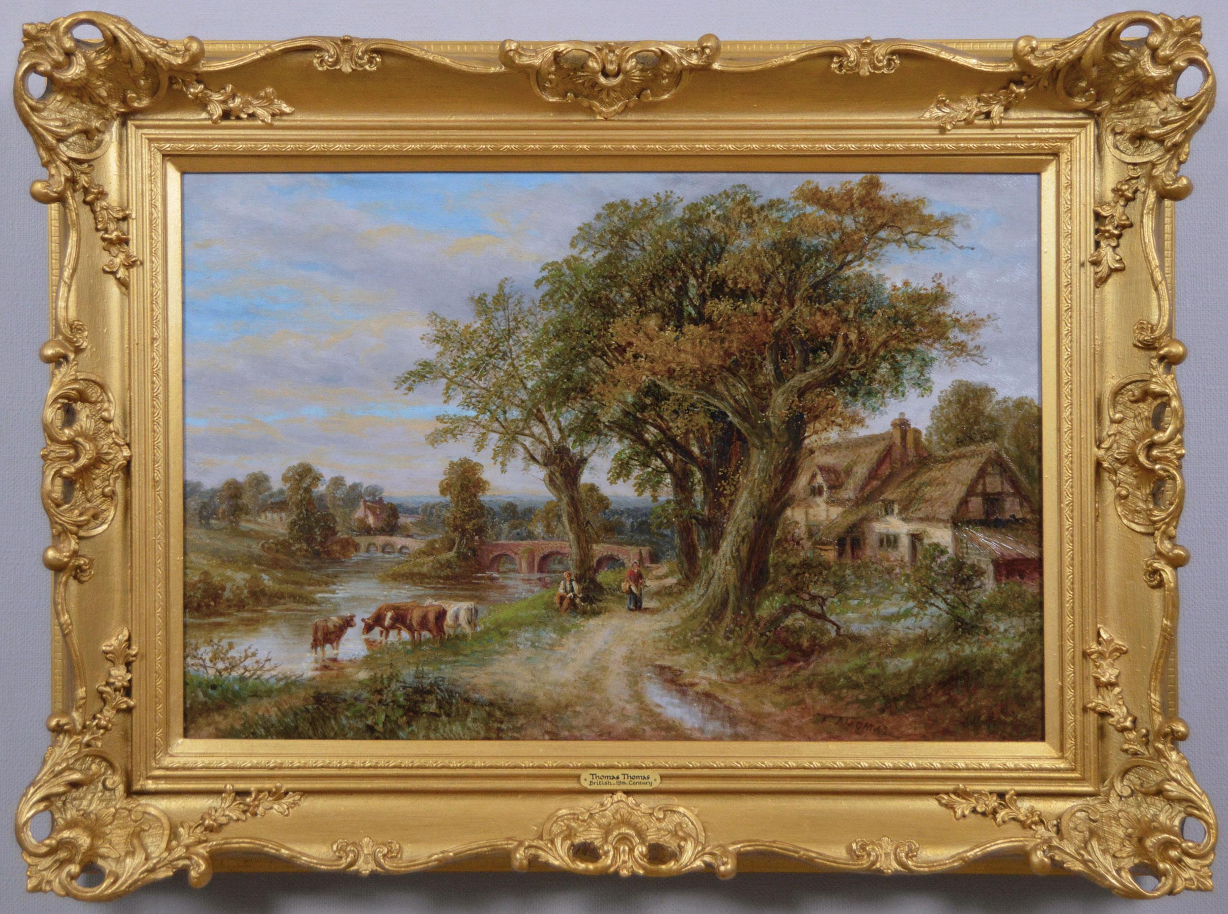 Landscape Painting Thomas Thomas - Peinture à l'huile de paysage du 19e siècle représentant des personnages avec du bétail près d'une rivière de campagne