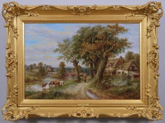 Antique 19th Century landscape oil painting of figures with cattle near a country river