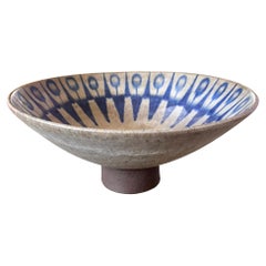 Thomas Toft Danish Modern Chamotte Stoneware Footed Bowl with Blue Design