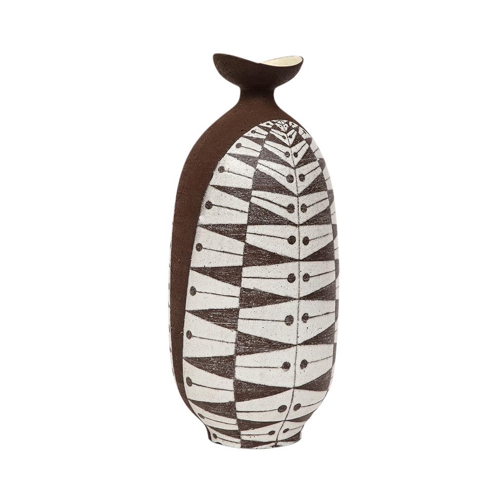 Glazed Thomas Toft Vase, Ceramic, White, Brown, Abstract, Geometric, Signed For Sale