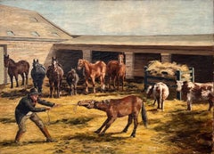 Farmer with Horses and Cows, Oil on Canvas, English School, 1888