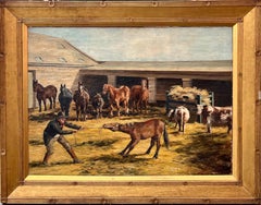 Farmer with Horses and Cows, Oil on Canvas, English School, 1888