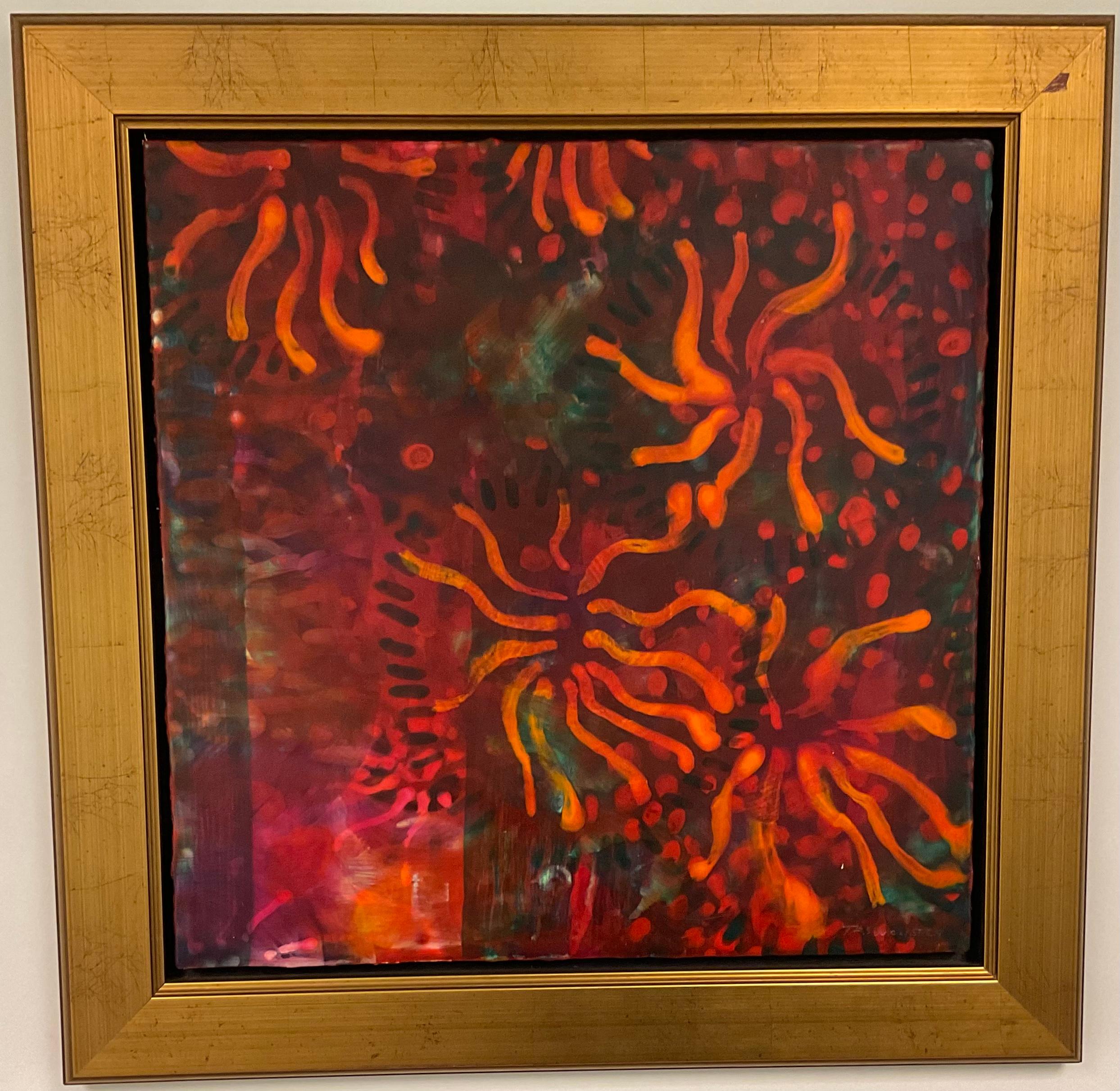 Very Vibrant Encaustic painting titled Swimming in Tokyo by world renowned artist Thomas Swanston. The painting was executed in 2003. The actual painting size is 18 by 18 inches. 

Thomas Swanston was born 1956 in Annapolis Md., Naval Hospital. He