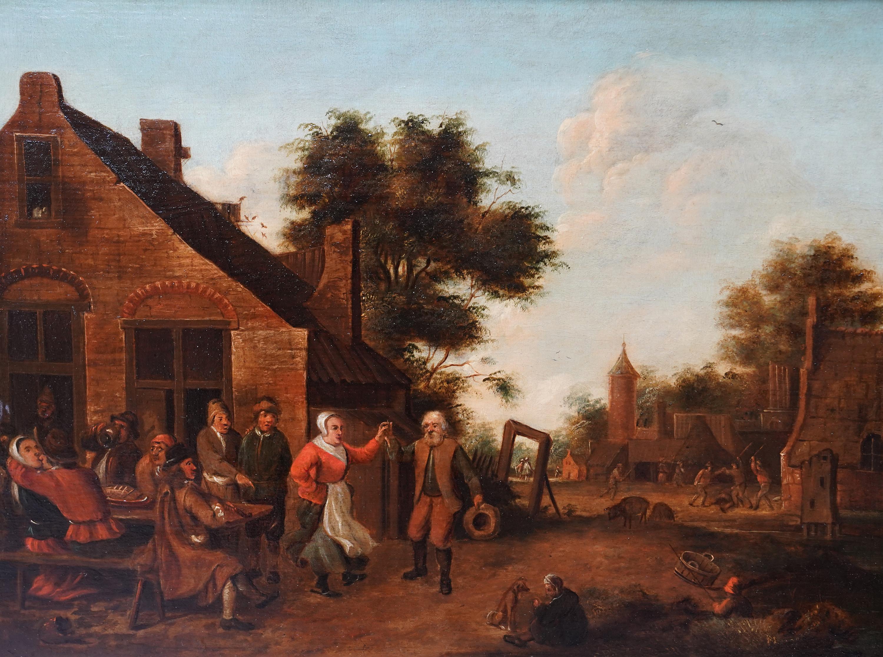 Villagers in a Landscape - Flemish 17thC art figurative landscape oil painting For Sale 7