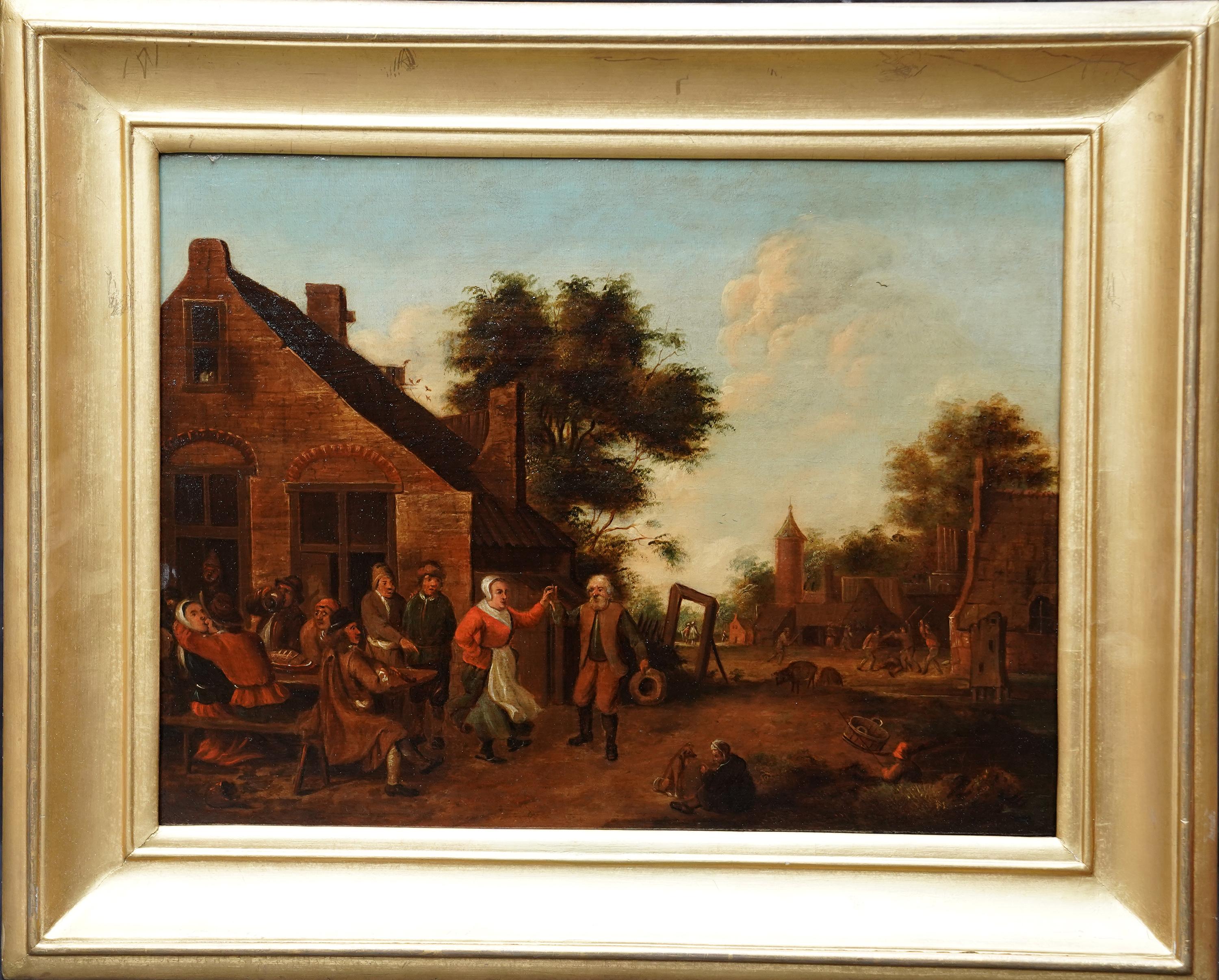 Villagers in a Landscape - Flemish 17thC art figurative landscape oil painting For Sale 8