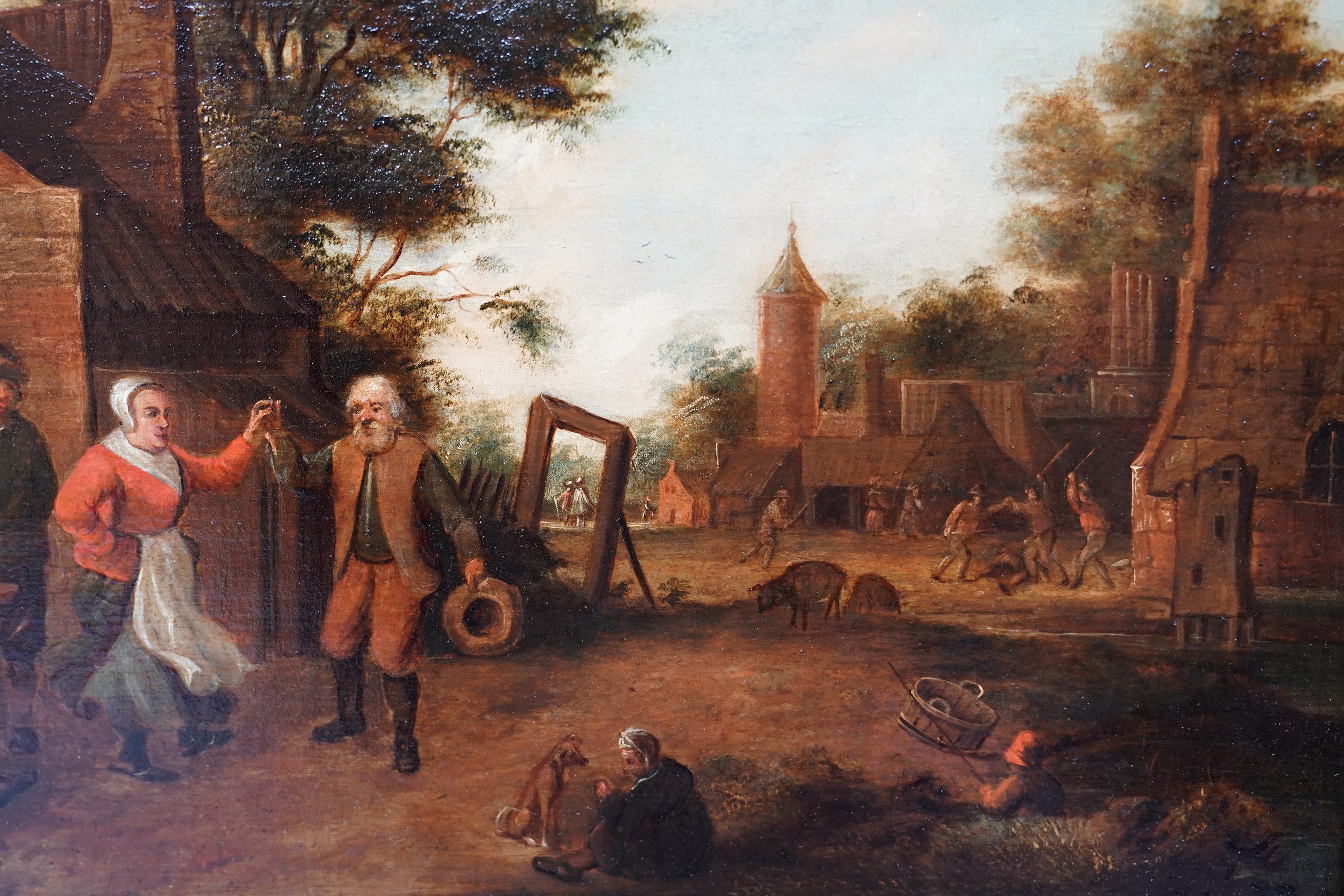 This fantastic Flemish 17th century Old Master oil painting is by Thomas Van Apshoven. It was painted circa 1650 and depicts a village with figures outside a tavern, eating, drinking and dancing. Beyond are more dwellings, villagers and animals, all