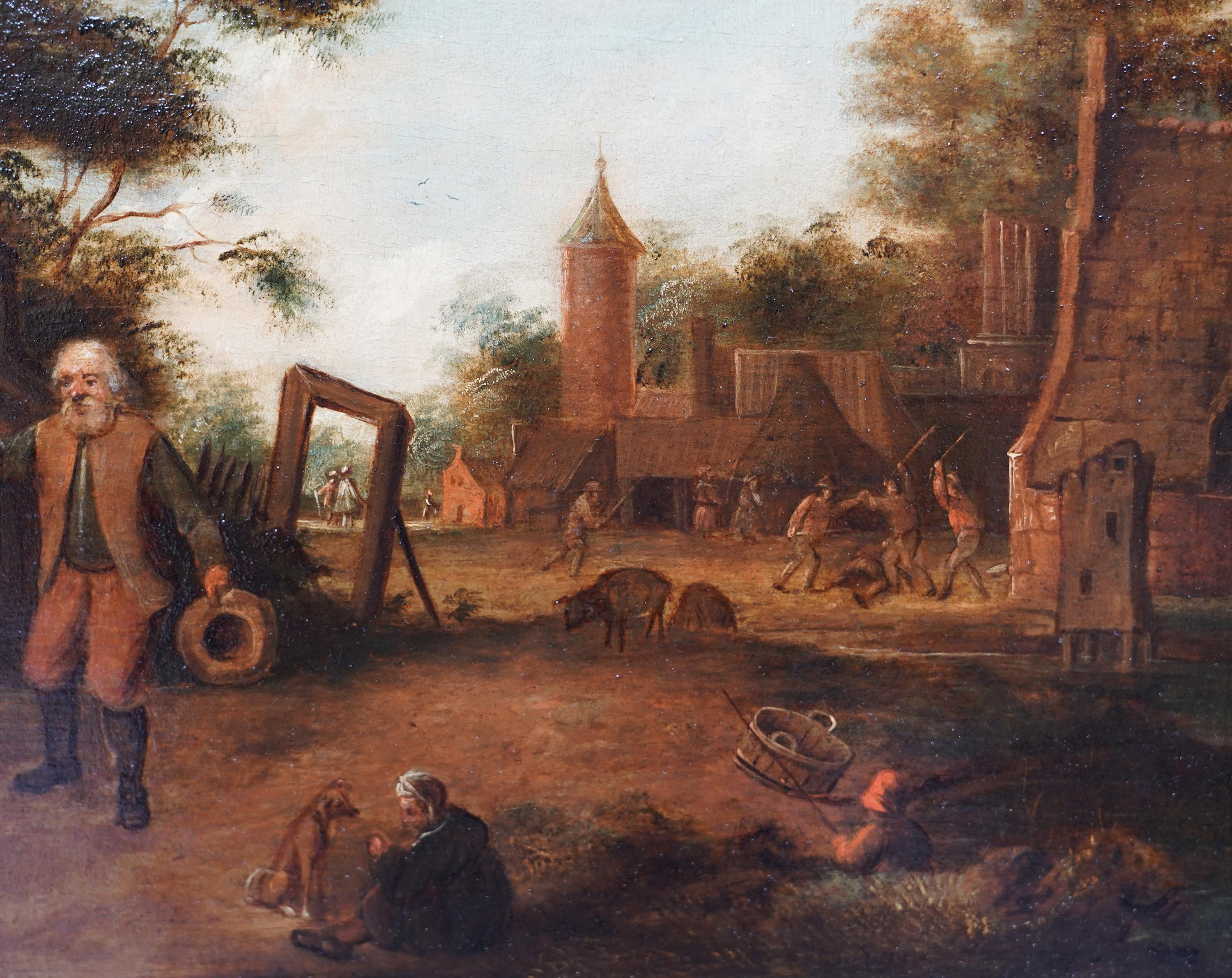 Villagers in a Landscape - Flemish 17thC art figurative landscape oil painting For Sale 3