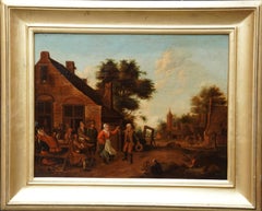 Antique Villagers in a Landscape - Flemish 17thC art figurative landscape oil painting