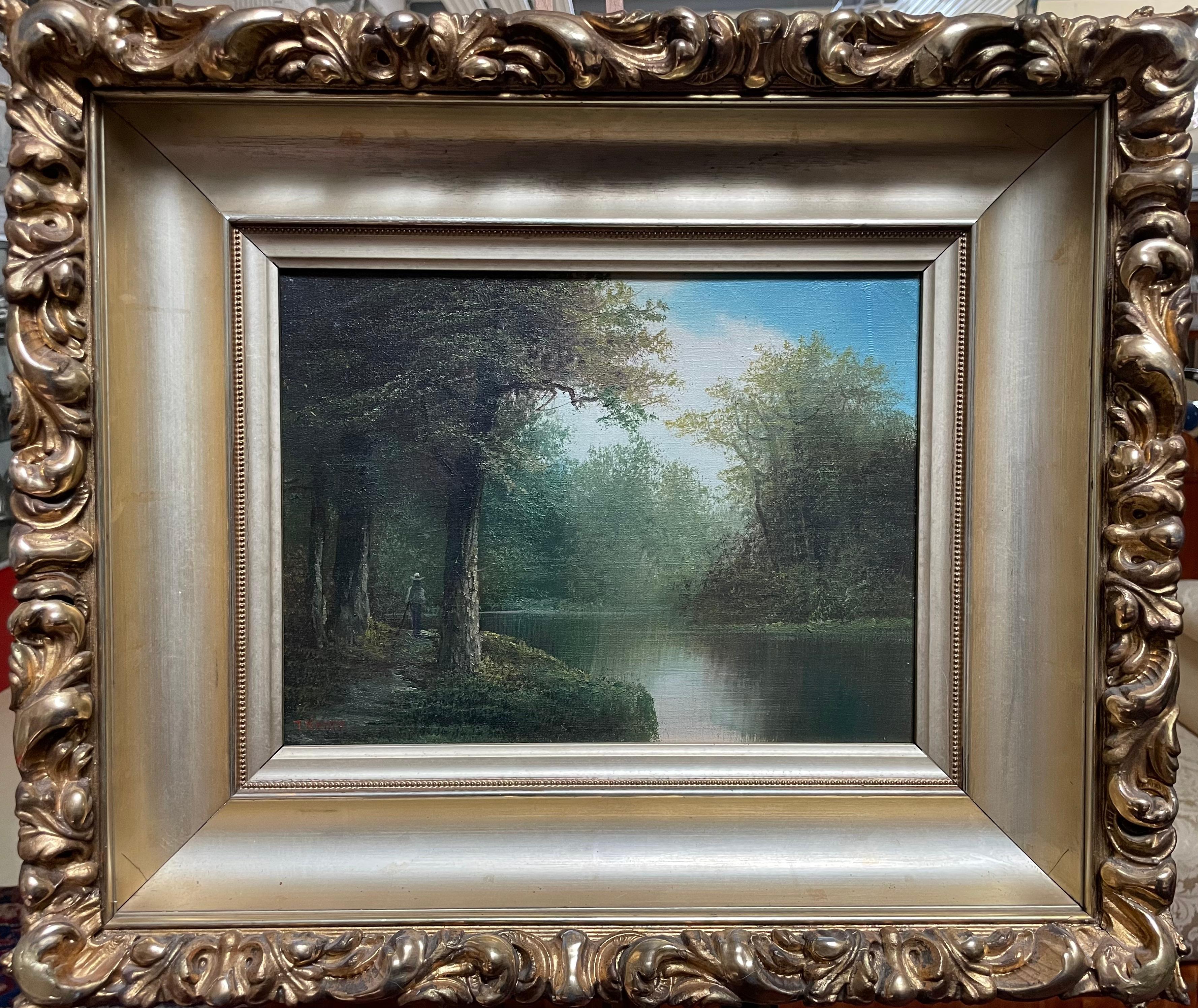 Landscape Painting di Thomas Van Camp (XIX - XX) - "Tranquilla scena sul fiume"