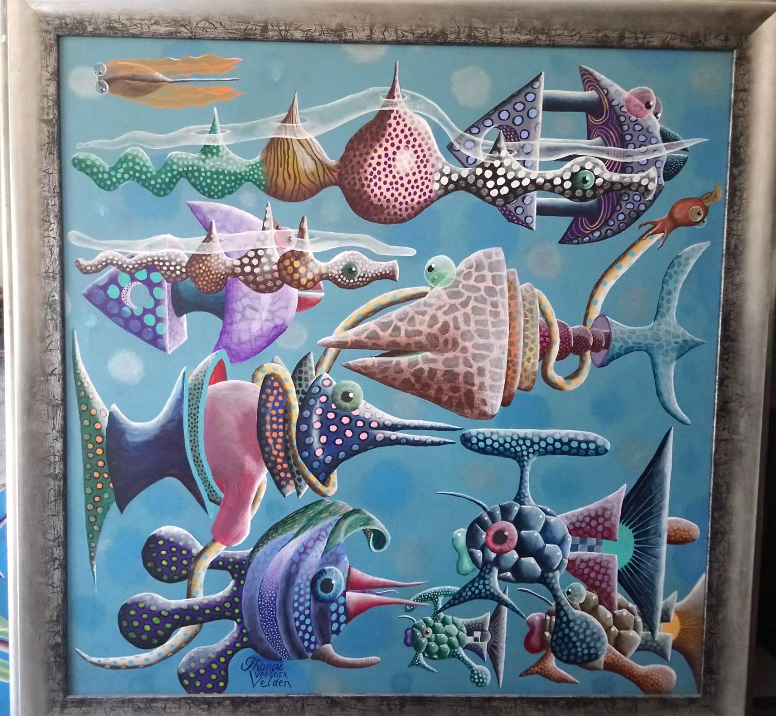 Framework is a oil painting by Thomas Van Der Velden.
This beautiful and colorful framework with sea creatures is signed by Thomas Van Der Velden. Measures: 117 x 117 cm.