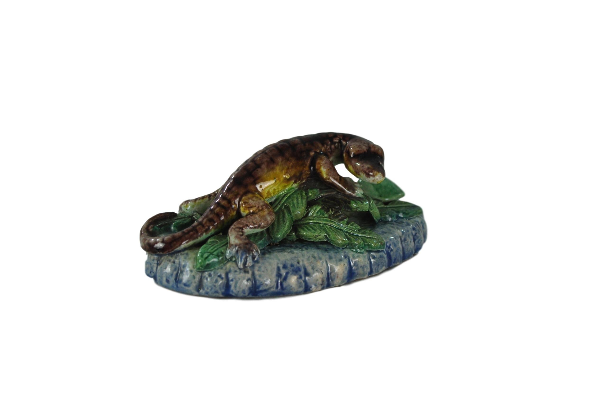 Thomas Sergent Palissy Ware lizard on rock paperweight, French, ca. 1880.