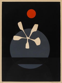 1960s Abstract Serigraph in Gray, Black, White with Red Moon, Vintage Modern Art
