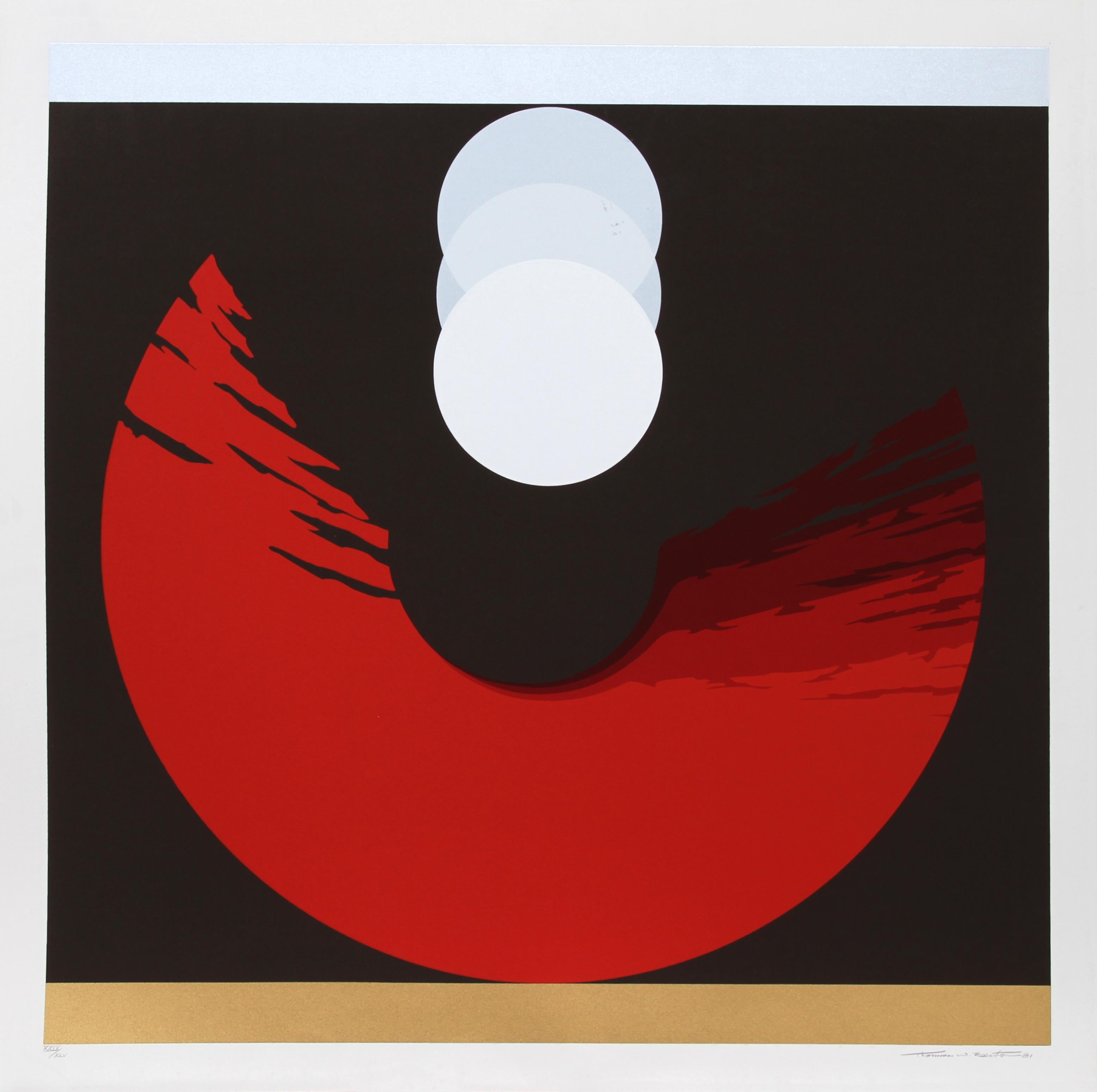 From the Evolution Series by Thomas Benton, this bold red screenprint resembles an eye with the iris descending down into it. Benton drew upon his career as an architect, the strong influence of Eastern art, and artists such as Mark Rothko and