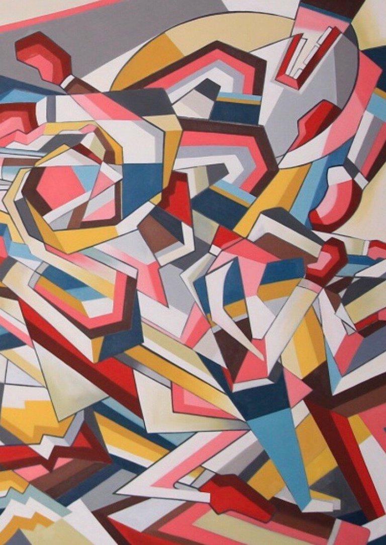 Brawl by British Contemporary Artist Thomas Dowdeswell Abstract Geometric Art - Beige Abstract Painting by Thomas W. Dowdeswell