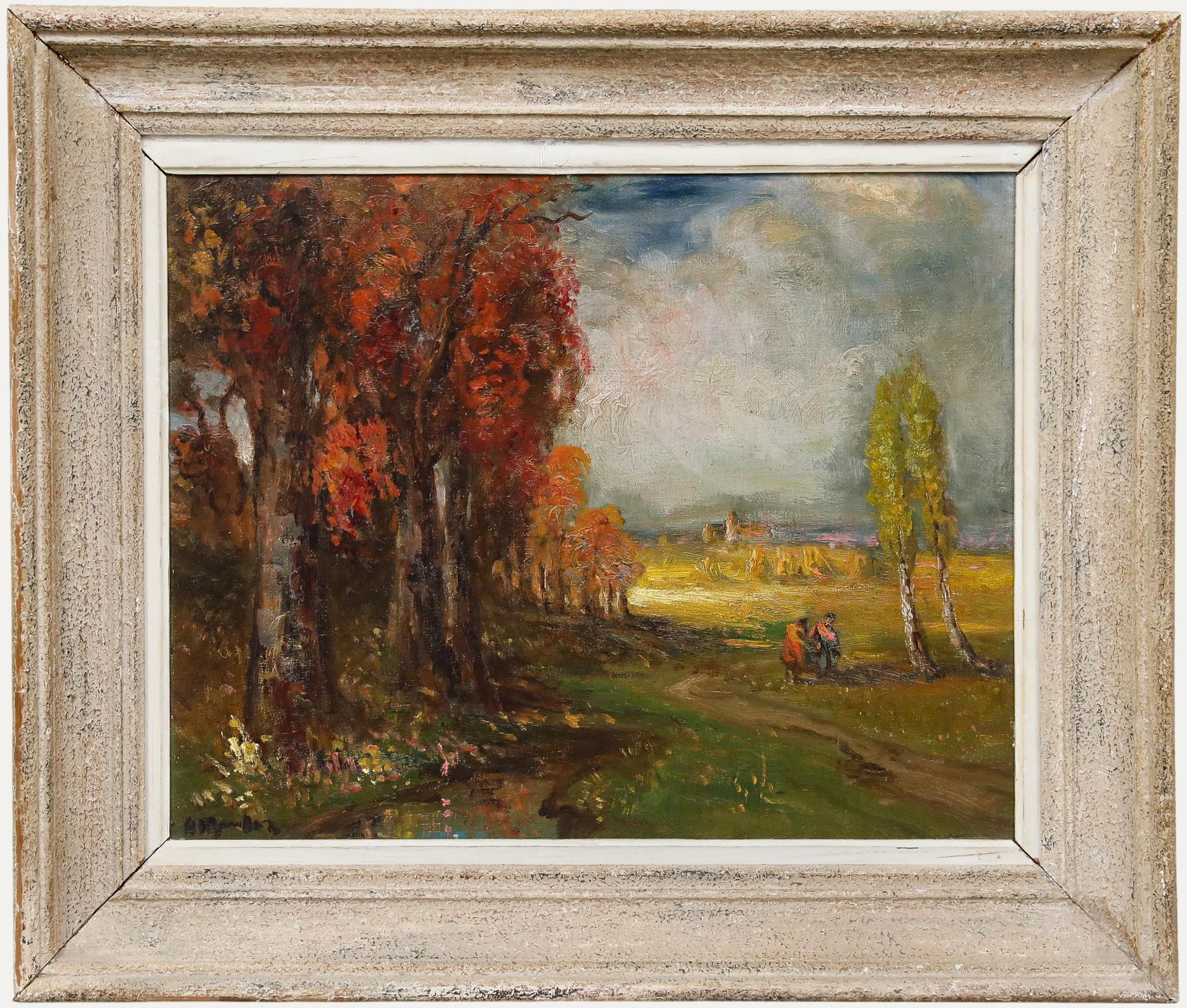 En este paisaje idílico de Thomas William Morley (1869-1925) se ven dos figuras recogiendo flores en medio de un mosaico suelto e impresionista de colores otoñales. Firmado en la parte inferior izquierda. Bien presentado en un marco de textura