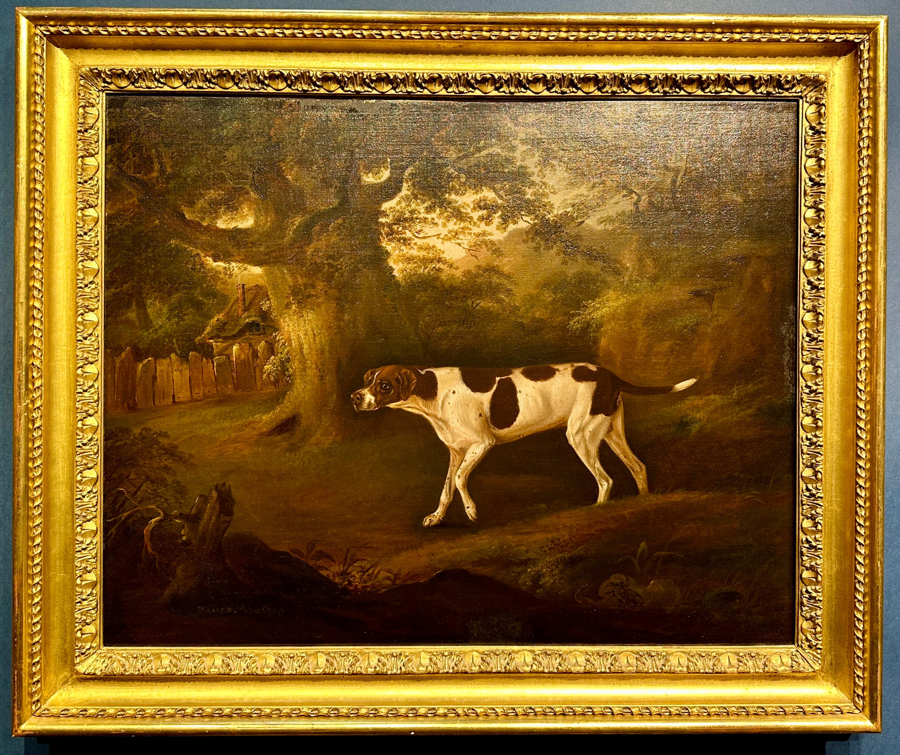 Retrato inglés del siglo XVIII de un sabueso o perro de caza en un paisaje