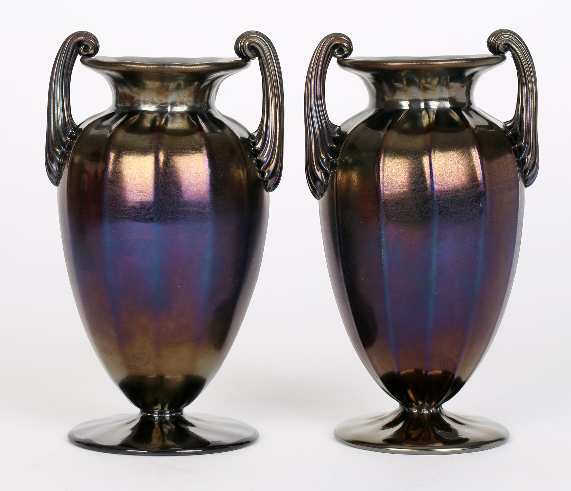 Blown Glass Thomas Webb Art Nouveau Pair Bronze Iridescent Handled Glass Vases For Sale