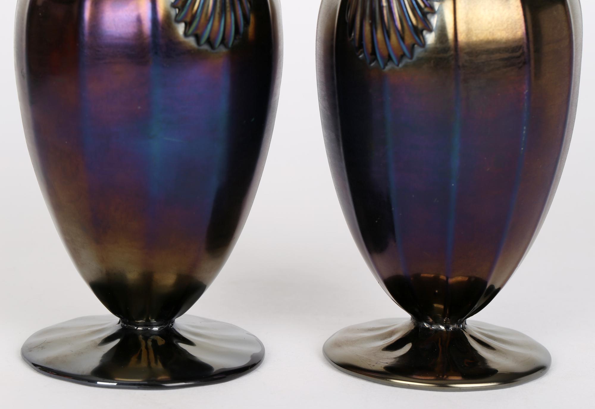 Thomas Webb Art Nouveau Pair Bronze Iridescent Handled Glass Vases For Sale 2