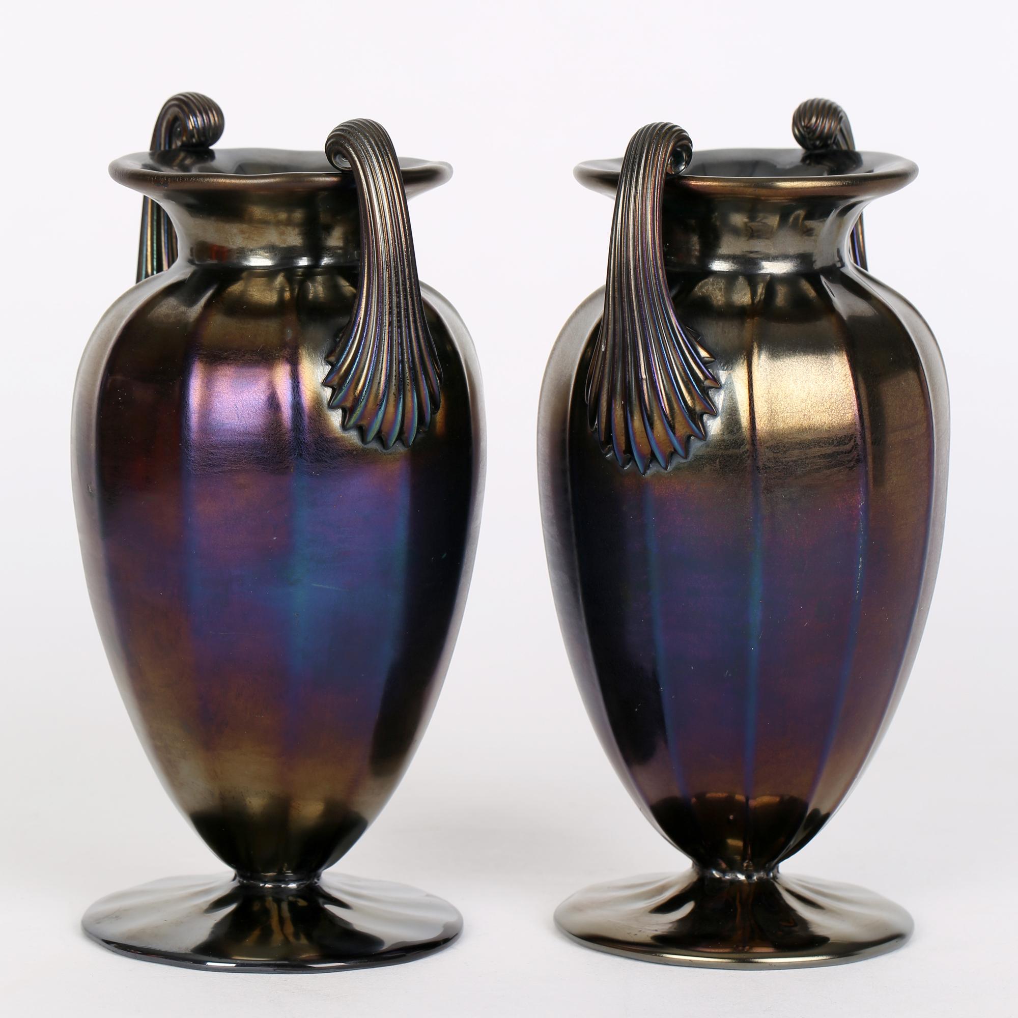 Thomas Webb Art Nouveau Pair Bronze Iridescent Handled Glass Vases For Sale 6