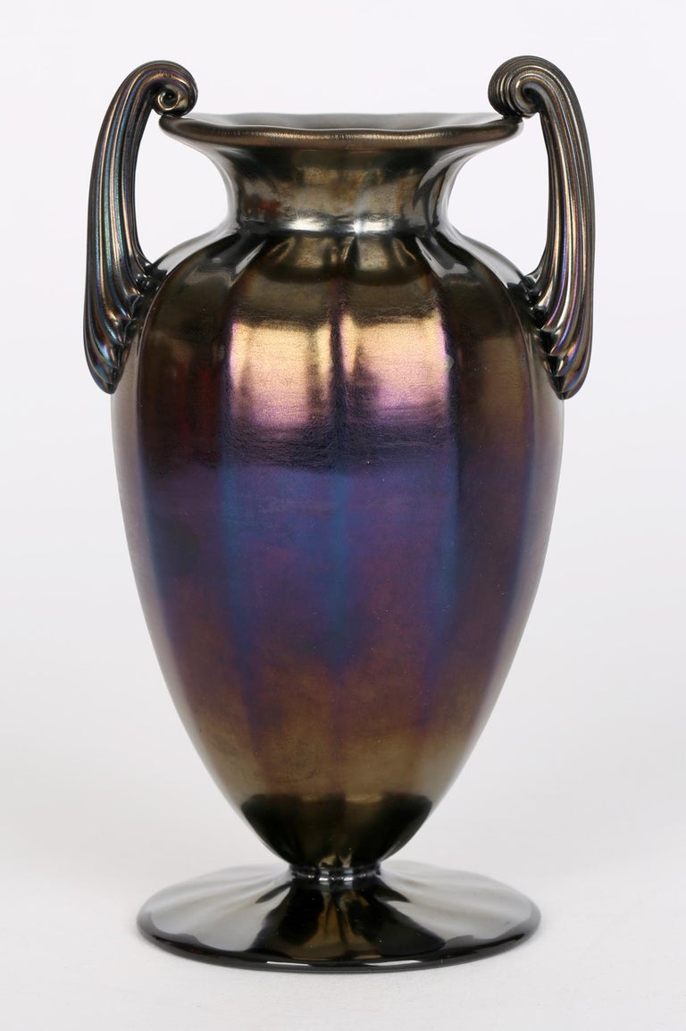 English Thomas Webb Art Nouveau Pair Bronze Iridescent Handled Glass Vases For Sale