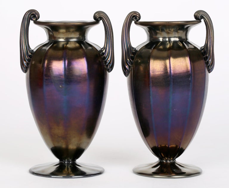 Hand-Crafted Thomas Webb Art Nouveau Pair Bronze Iridescent Handled Glass Vases For Sale