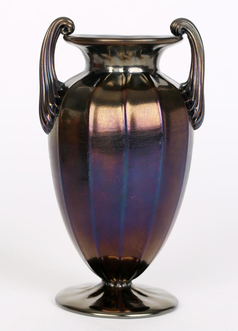 Thomas Webb Art Nouveau Pair Bronze Iridescent Handled Glass Vases In Good Condition For Sale In Bishop's Stortford, Hertfordshire