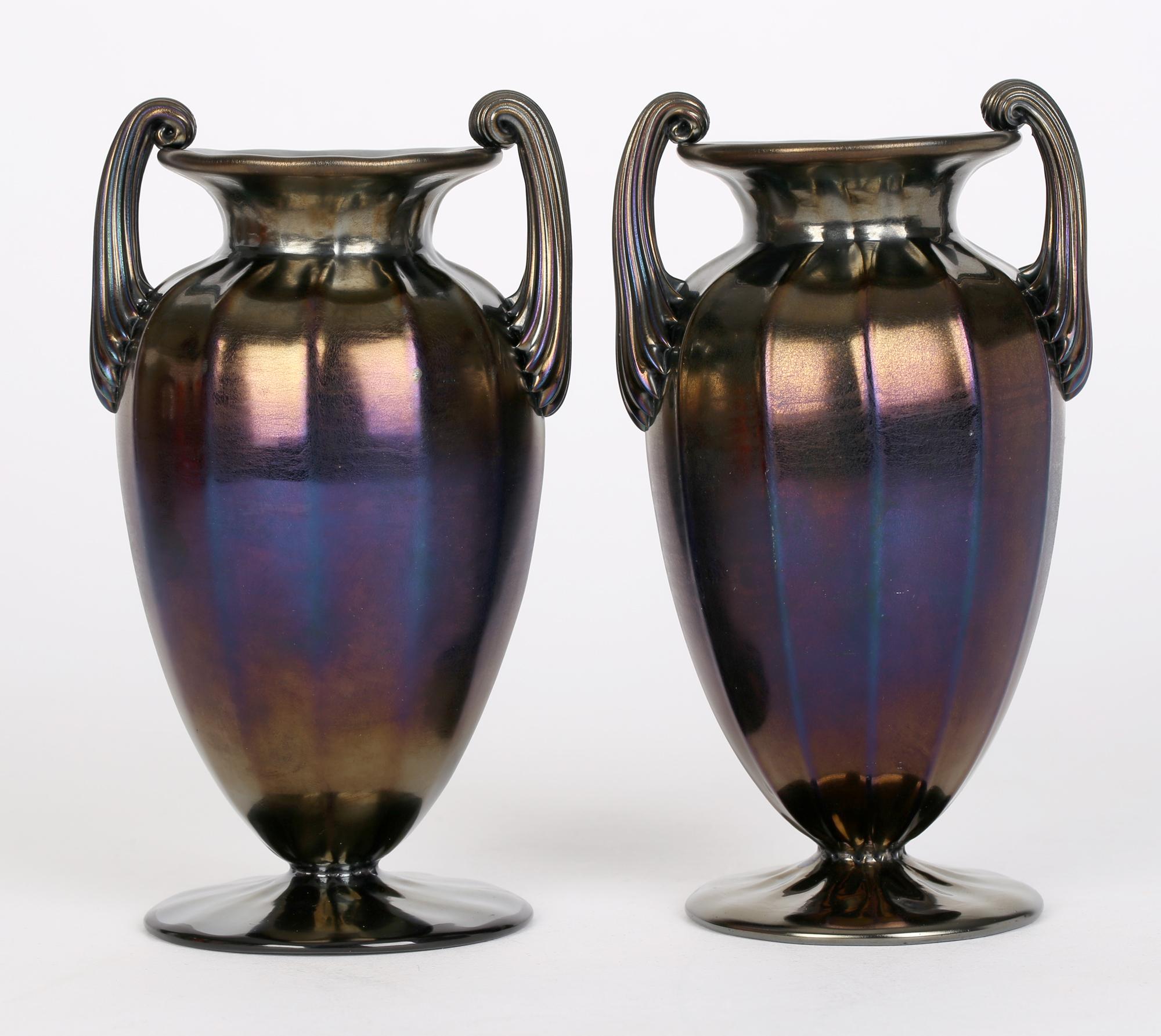 Thomas Webb Art Nouveau Pair Bronze Iridescent Handled Glass Vases In Good Condition For Sale In Bishop's Stortford, Hertfordshire