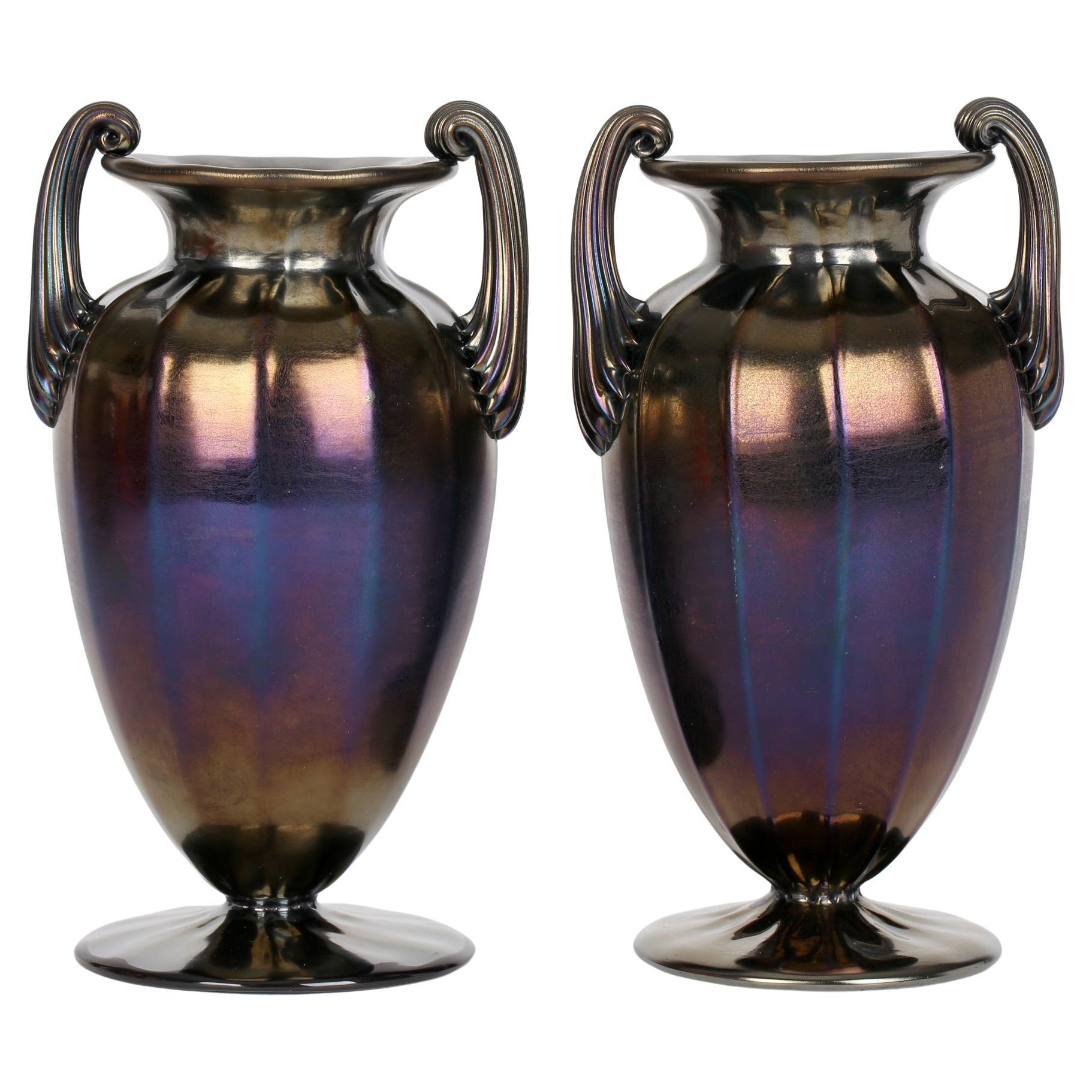 Thomas Webb Art Nouveau Pair Bronze Iridescent Handled Glass Vases