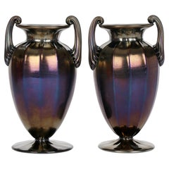 Thomas Webb Art Nouveau Pair Bronze Iridescent Handled Glass Vases