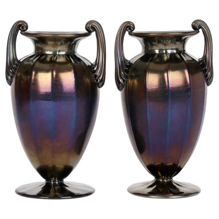 Thomas Webb Art Nouveau Pair Bronze Iridescent Handled Glass Vases For Sale