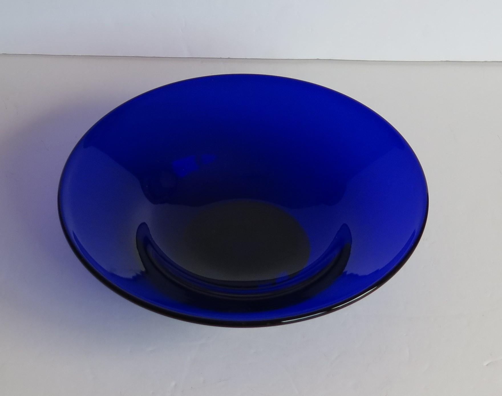 Mid-Century Modern Thomas Webb Bristol Blue Glass Bowl Etched Makers Mark to Base, circa 1970
