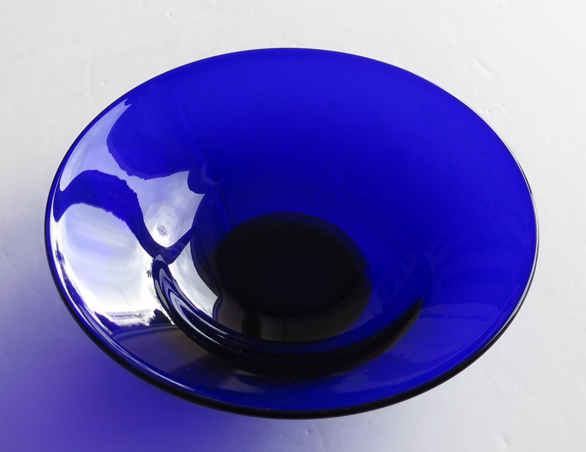 Thomas Webb Bristol Blue Glass Bowl Etched Makers Mark to Base, circa 1970 2