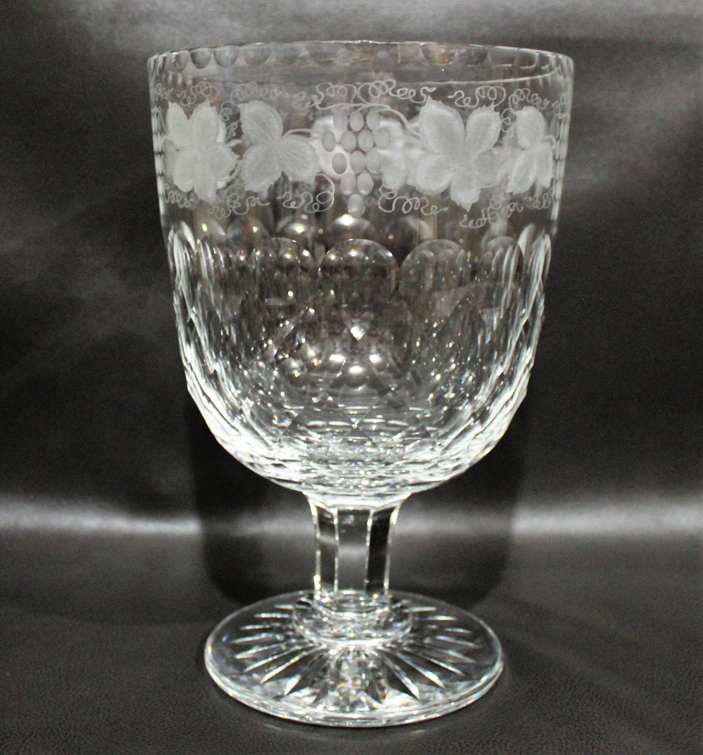 Large size presentation piece crystal goblet or centerpiece by Thomas Webb & Sons for Tiffany & Co. features acid etched foliate and grape designs.