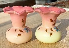 Thomas Webb Pair Burmese Uranium Glass Enamel Decorated Vases