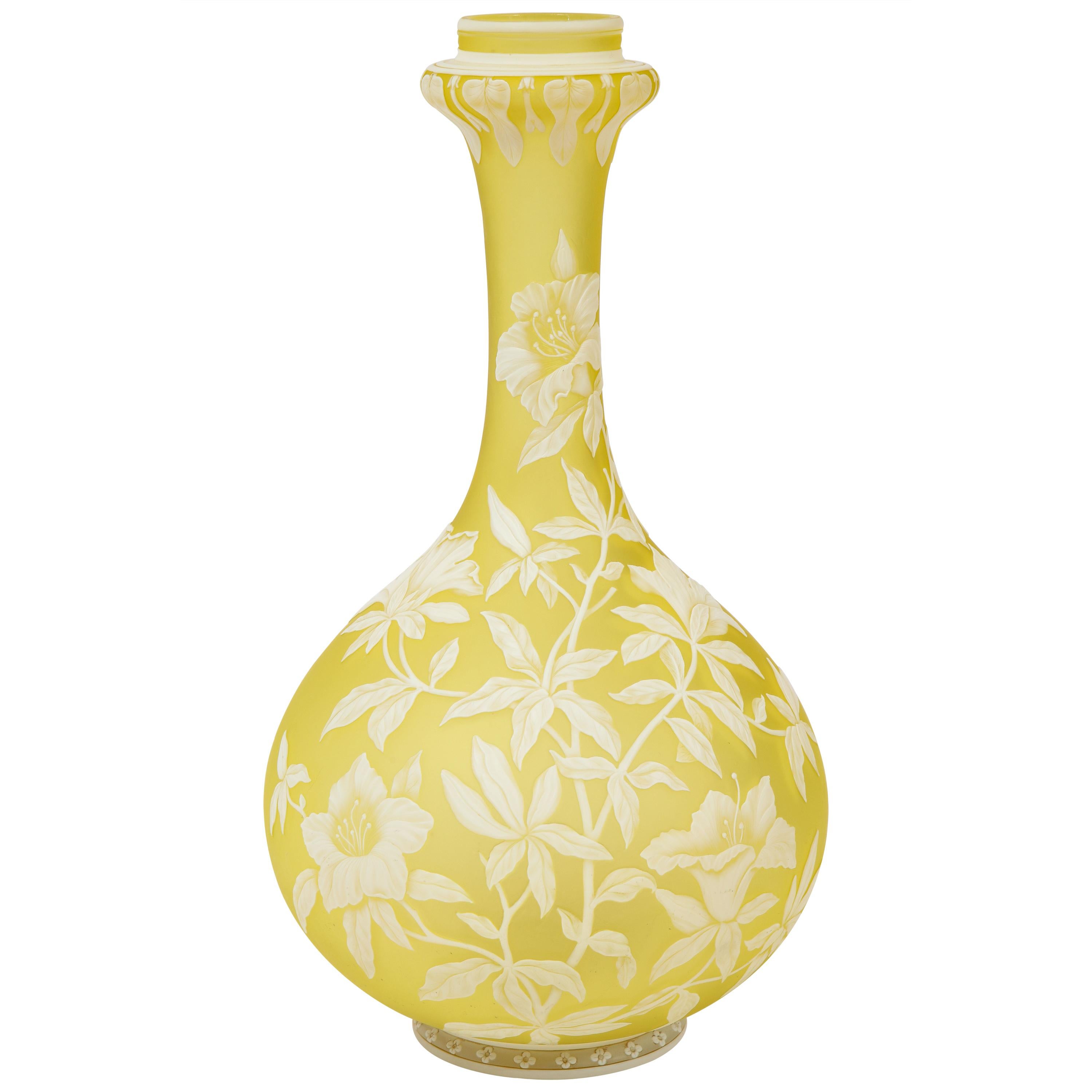 Thomas Webb & Sons Double Overlaid White Over Yellow Etched & Acid Washed Vase