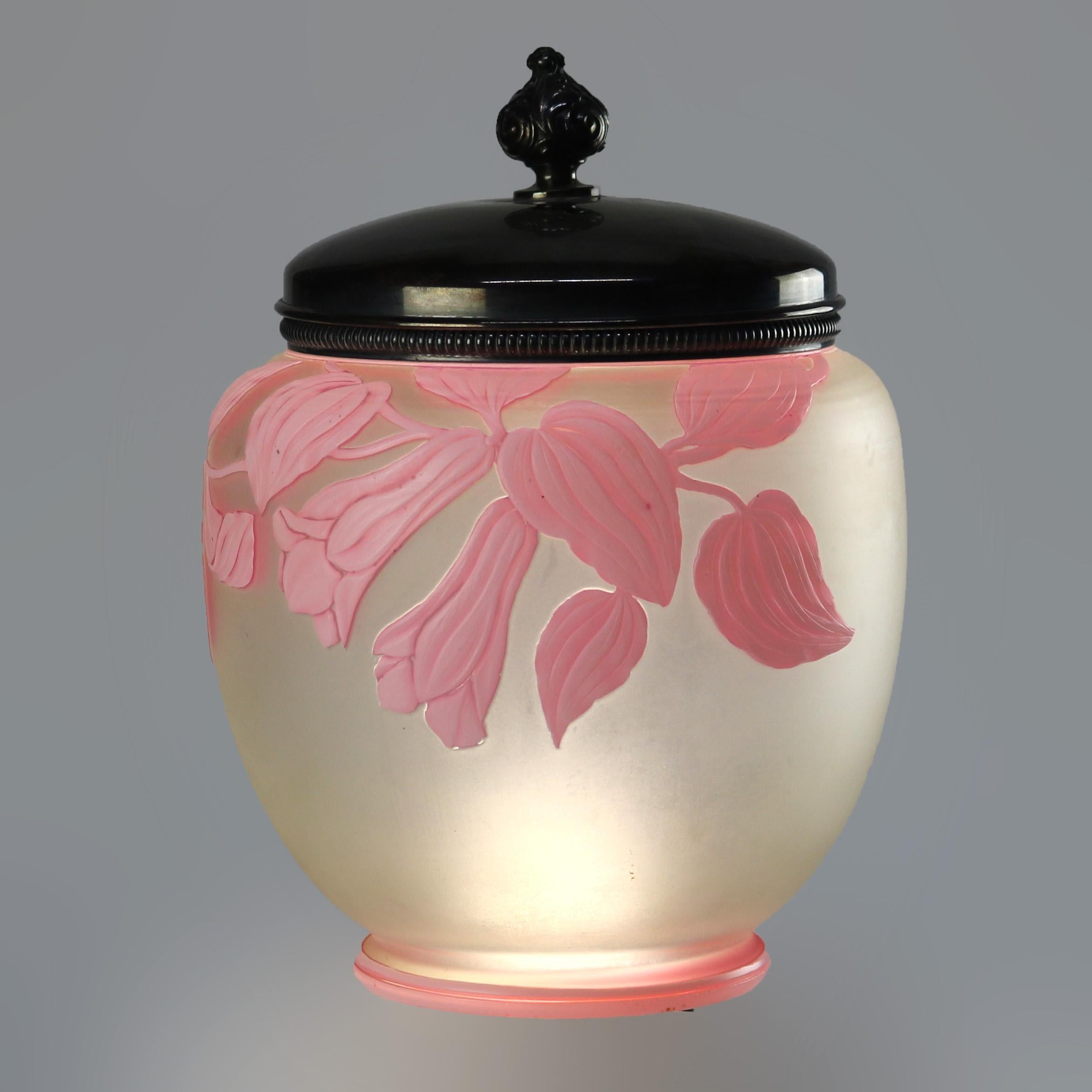 Antique Thomas Webb & Sons Victorian Cameo Glass & Silver Plate Garden Scene Biscuit Jar with Flowers & Butterfly C1890

Measures- 6.75