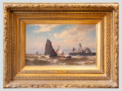Ships by the Coast Storm Painting, Oil on Canvas, 19th Century, Framed