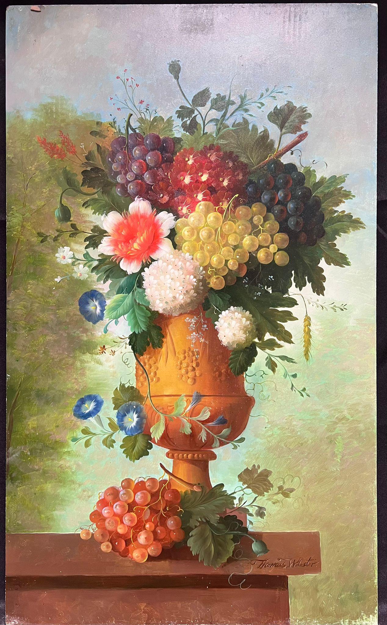 Huge Classical Still Life Flowers & Fruit Still Life in Stone Urn Oil Painting  - Brown Interior Painting by Thomas Webster