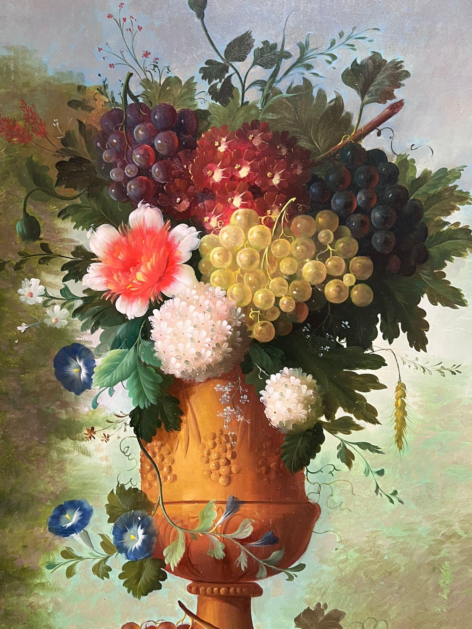 Huge Classical Still Life Flowers & Fruit Still Life in Stone Urn Oil Painting  For Sale 1