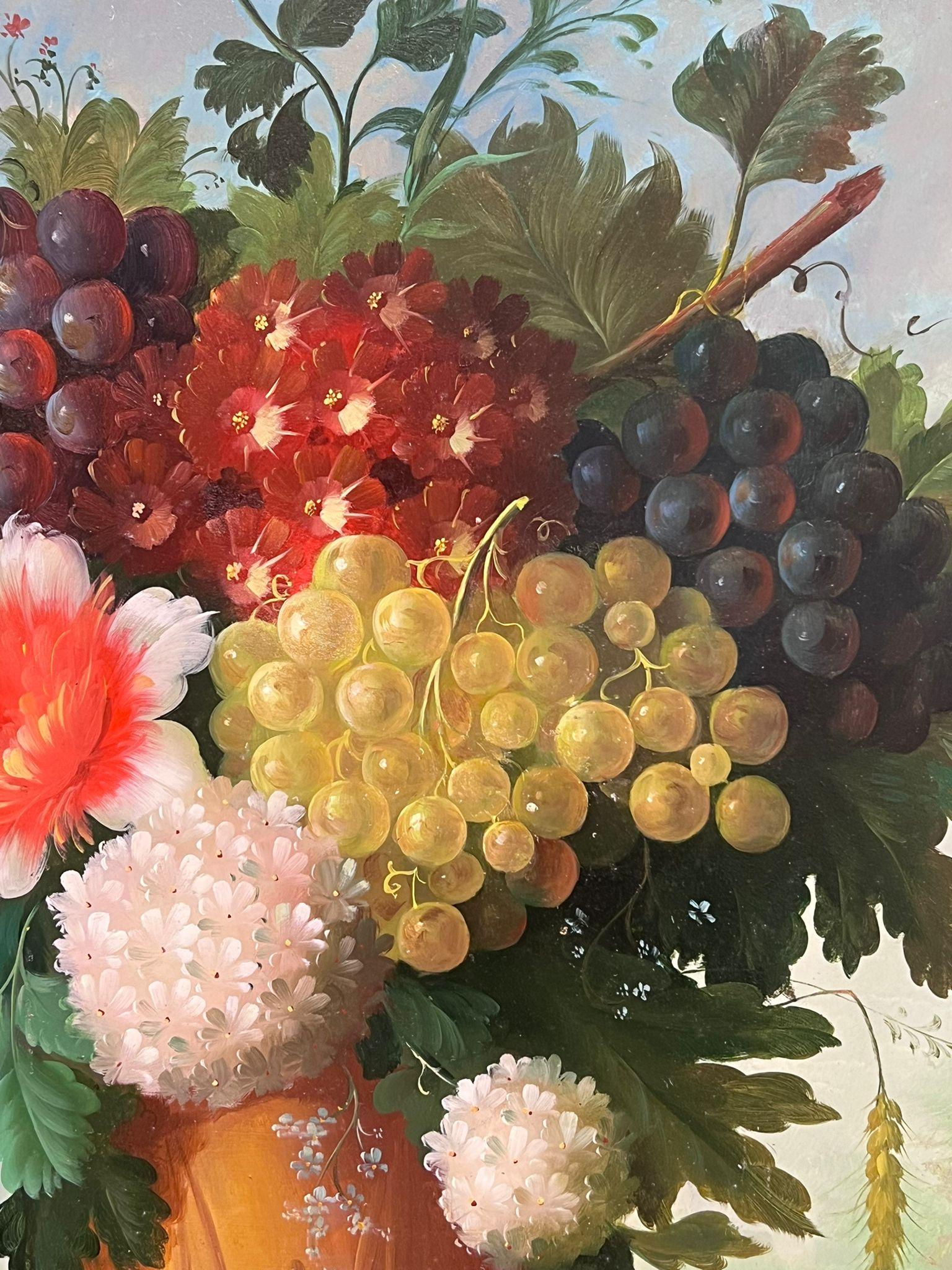 Huge Classical Still Life Flowers & Fruit Still Life in Stone Urn Oil Painting  For Sale 1