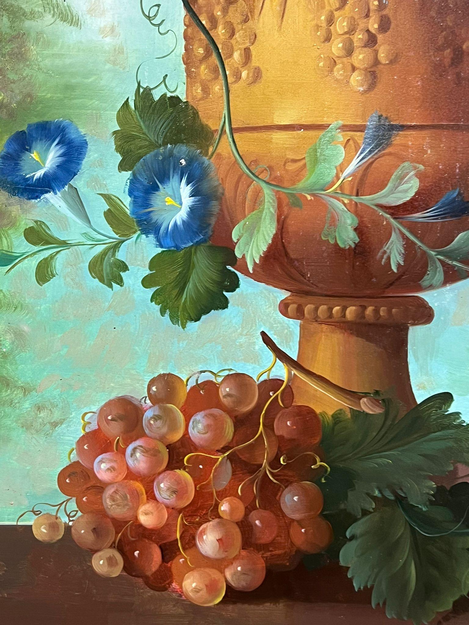 Huge Classical Still Life Flowers & Fruit Still Life in Stone Urn Oil Painting  For Sale 2