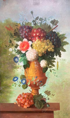 Großes klassisches Stillleben Blumen- und Obststillleben in Steinurne, Ölgemälde