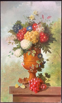 Very Large Profusion of Flowers Classical Still Life Stone Urn Oil Painting