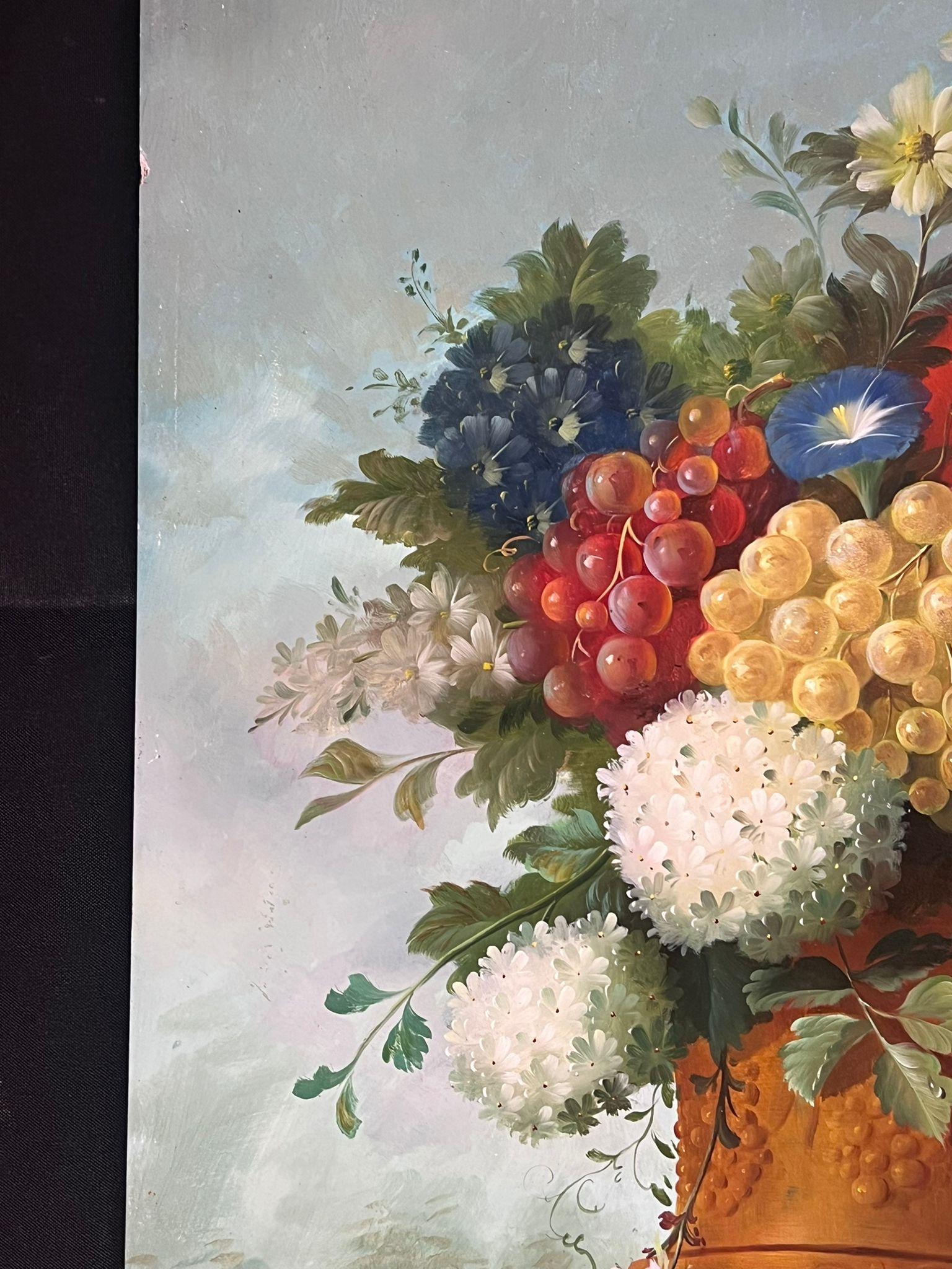 Very Large Profusion of Flowers Classical Still Life Stone Urn Oil Painting For Sale 2